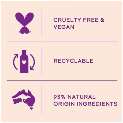 An infographic saying: cruelty free and vegan; recyclable and 93% natural origin ingredients.
