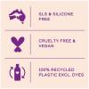 An infographic saying: SLS and silicone free, cruelty free and vegan; 100% recycled plastic excl. dyes.