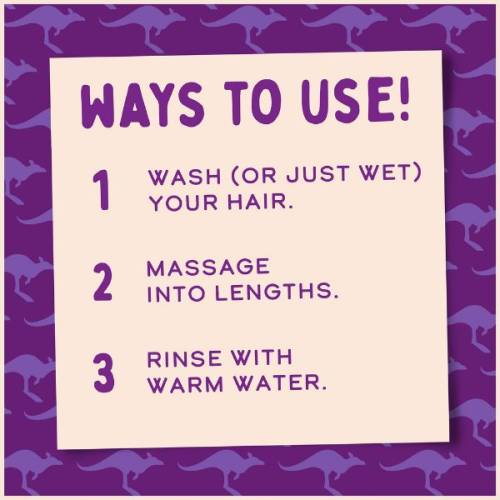 An infographic saying: ways to use! Wash (or just wet) your hair, massage into lengths, rinse with warm water.