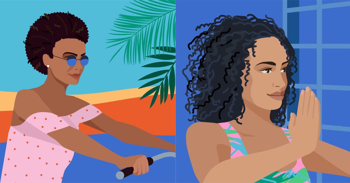 The graphic ilustrates two women. The first one has a short frizzy brown hair, the second one has a mid-long curly black hair.