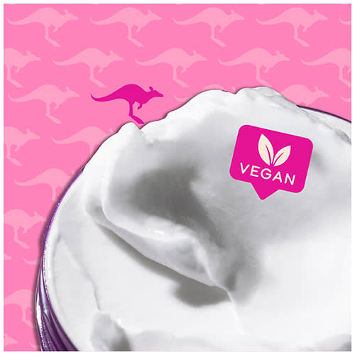 Infographic: VEGAN with open mask's package on pink background with kangoroos