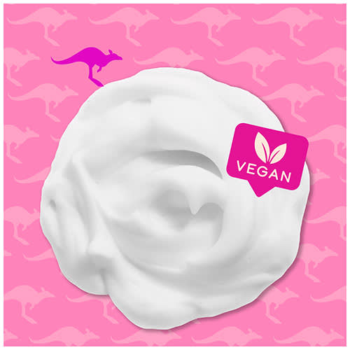 Infographic: VEGAN with a little bit of shampoo on pink background with kangoroos