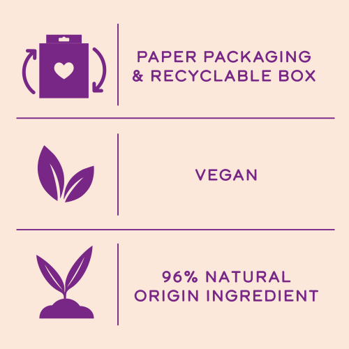 SUSTAINABLE CLAIMS: paper packaging & recyclable box, vegan, 96% natural origin ingredient