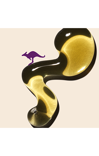 An image of hair oil zoomed in and a icon of the kangaroo in the background.
