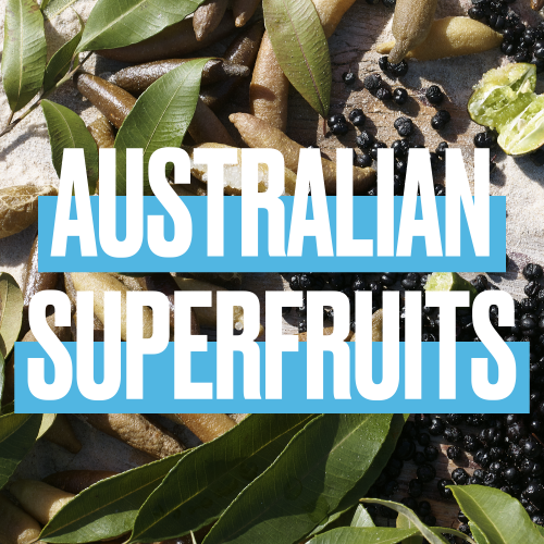 Australian Superfoods' sentence on the background with fruits