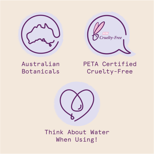 Aussie icons: Australian Botanicals, PETA Certified Cruelty-free, Think About Water When Using