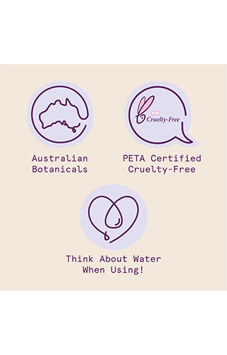 Aussie icons: Australian Botanicals, PETA Certified Cruelty-free and Think About Water When Using