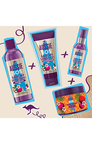 An image of 4 different Aussie products on the beige background with blue contour and purple doodle between them