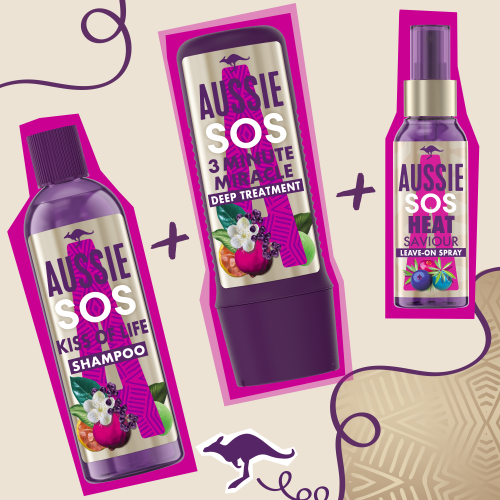 3 products of Aussie - Aussie SOS Kiss of life Shampoo, 3 Minute Miracle Deep Treatment, Heat Saviour Leave-on Spray