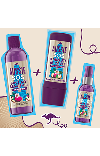 An image of 3 different Aussie products on the beige background with blue contour and a purple doodle between them 