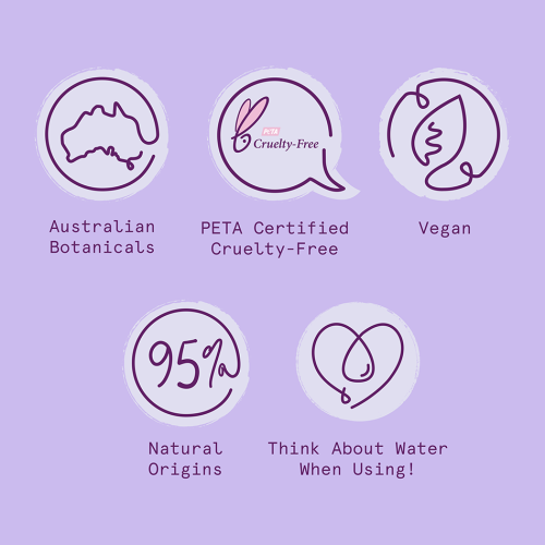 Aussie icons: Australian Botanicals, PETA Certified Cruelty-free, Vegan, Natural Origins, Think About Water When Using