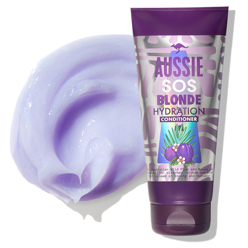 An image of Aussie SOS 3 Minute Miracle Blonde Hair Conditioner and a splatter of a purple conditioner