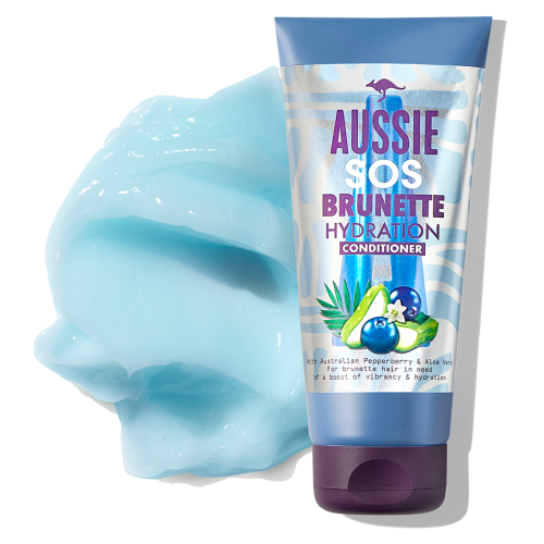 An image of Aussie Brunette Hydration Hair Conditioner and a splatter of blue cream