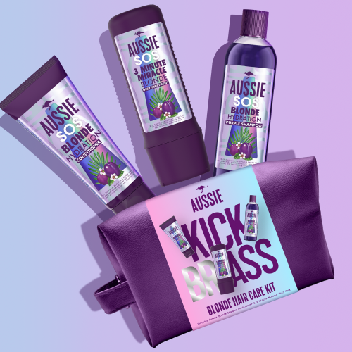 Blonde hair care kit: shampoo, conditioner and deep treatment together with a kick brass violet bag